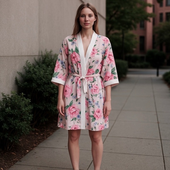 VTG Adonna Cotton Polyester Nightgown Floral Wrap Robe Pink Purple Green EUC - Picture 4 of 12